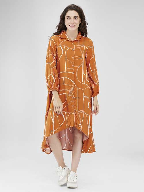 women printed collared high low dress - 21840371 - Standard Image - 0