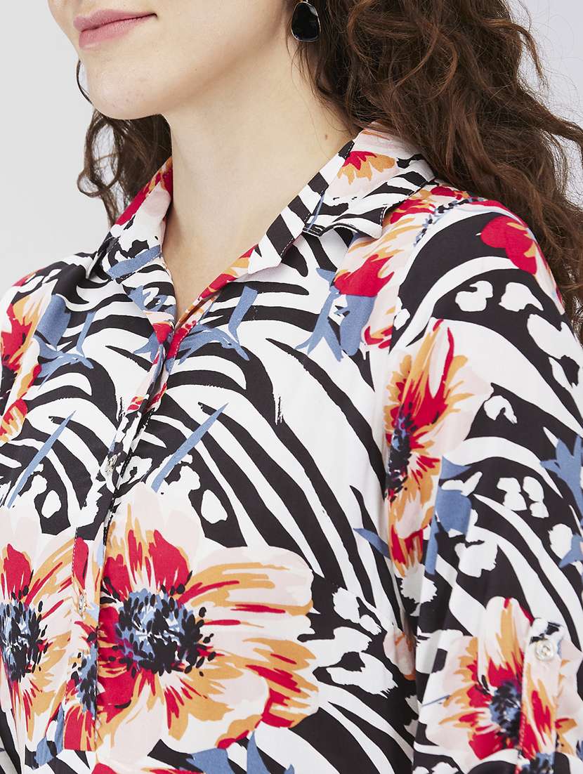 women floral print roll-up sleeves a-line dress - 21840417 - Standard Image - 3