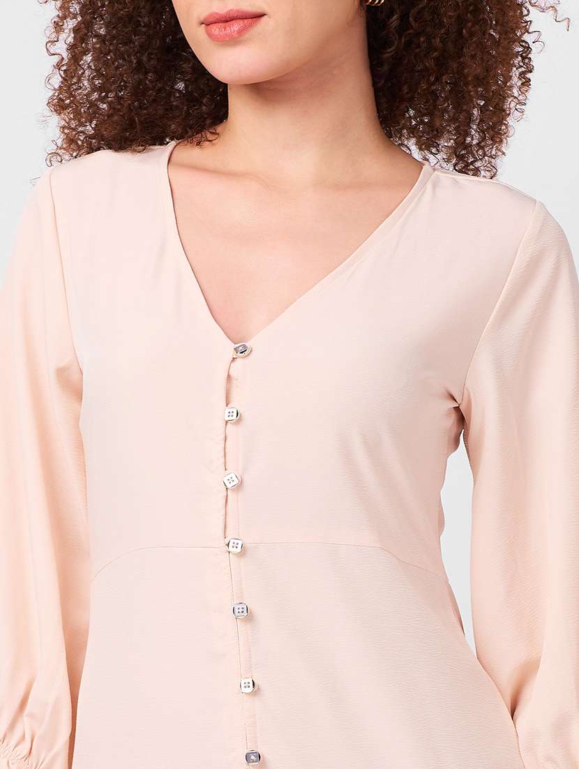 women solid puff sleeves tiered dress - 21840422 -  Standard Image - 3