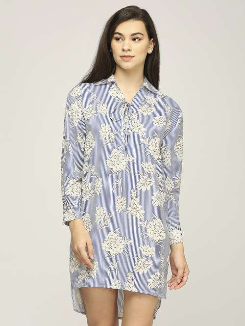 women striped long sleeves high low dress - 21840434 -  Standard Image - 0