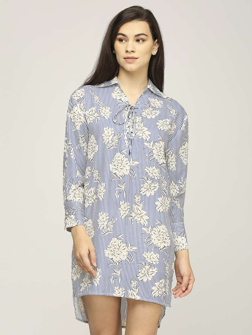 women striped long sleeves high low dress