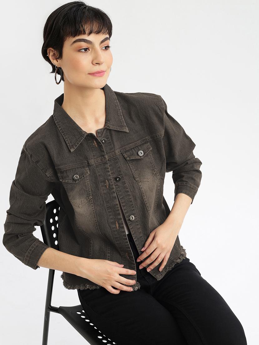 women solid collared denim jacket - 21840568 - Standard Image - 3