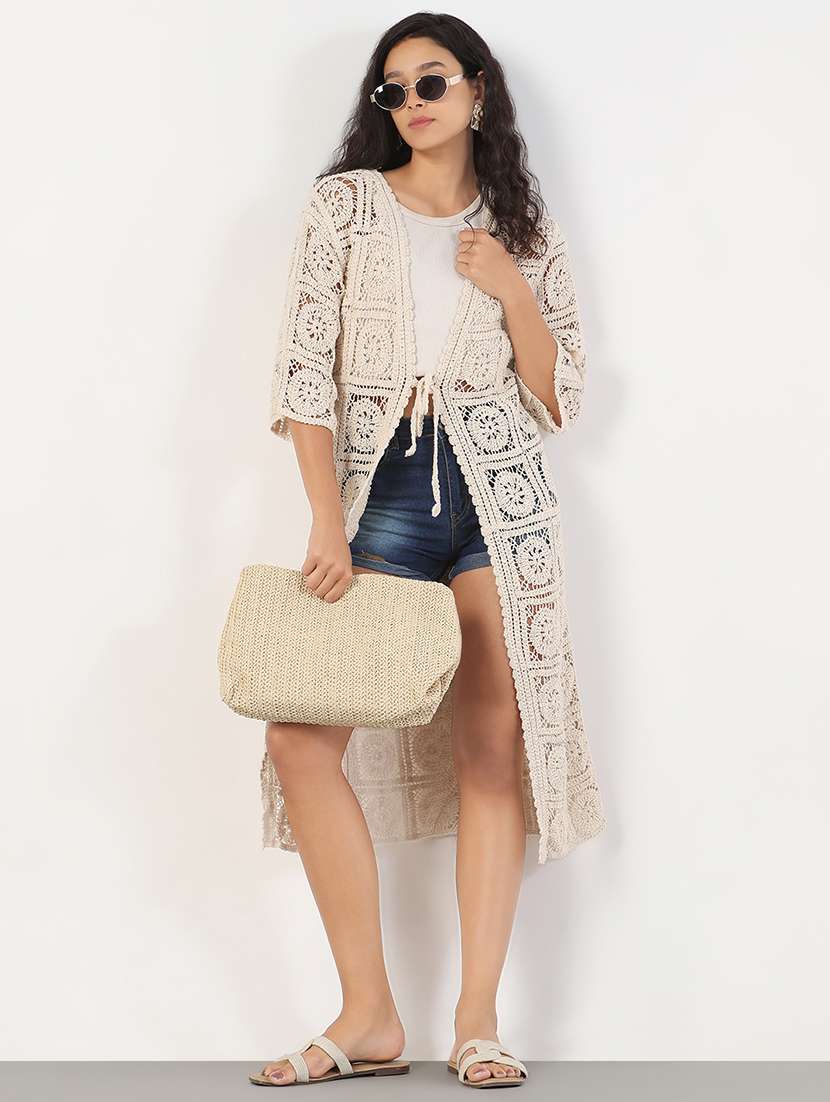 women crochet detailed long shrug
