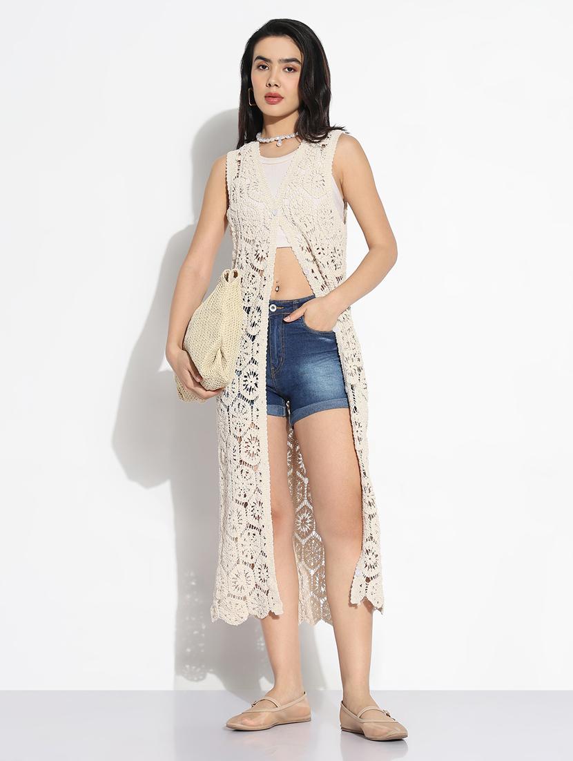 women sleeveless crochet long shrug