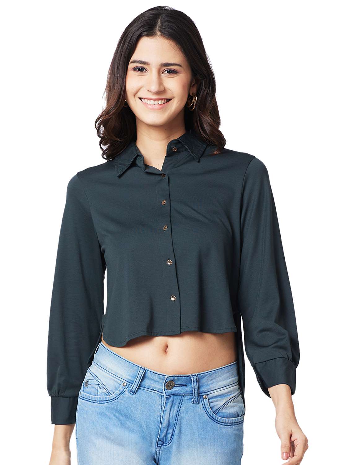 women teal solid collared high low shirt
