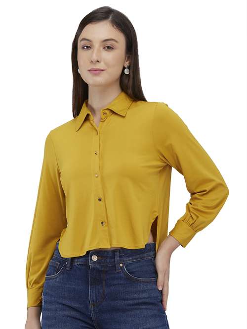women mustard solid collared high low shirt - 21840667 - Standard Image - 0