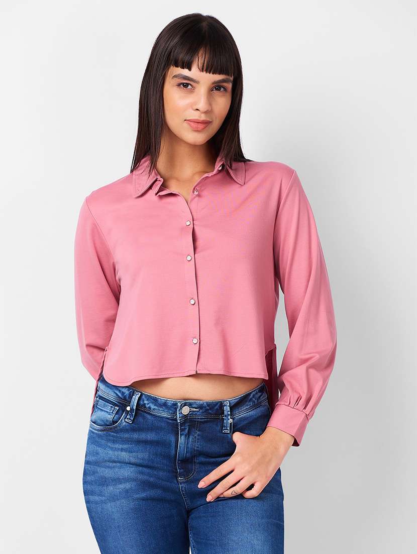 women pink solid long sleeve high-low shirt