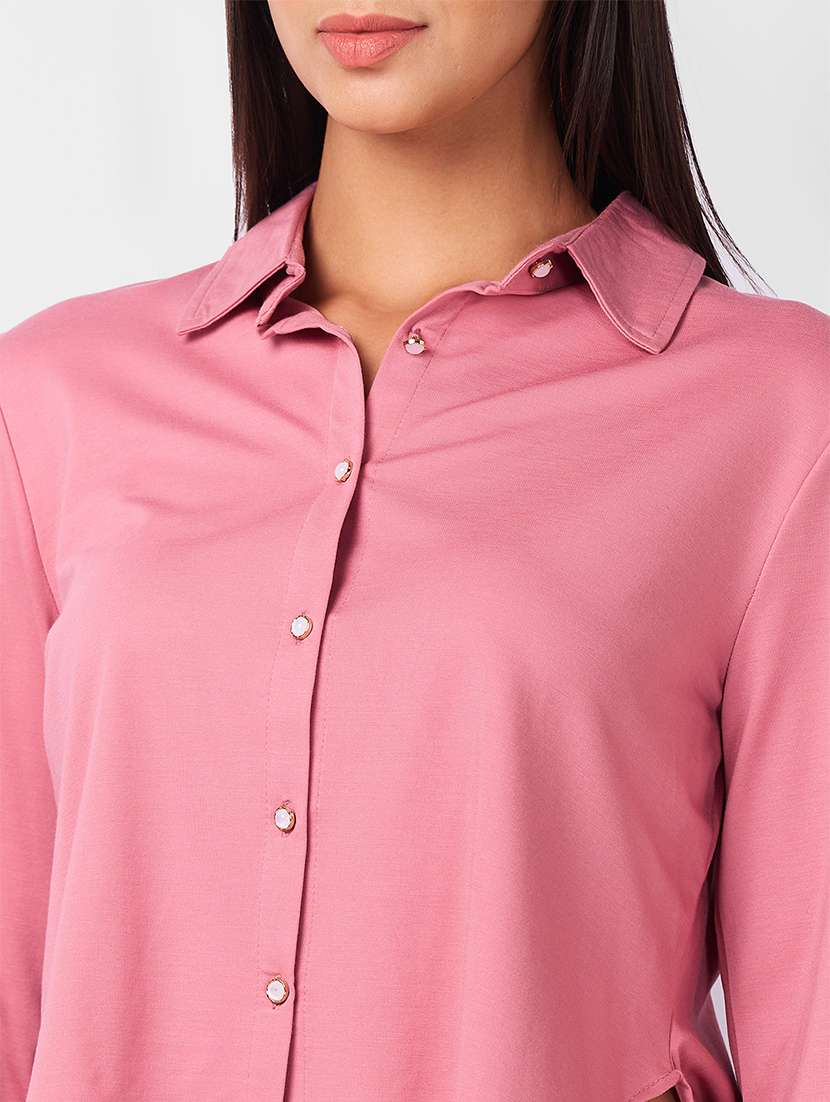 women pink solid long sleeve high-low shirt - 21840672 -  Standard Image - 3