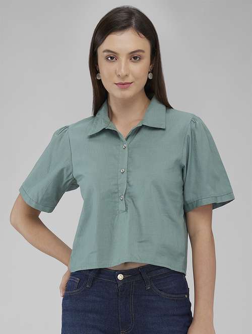 women solid collared short sleeves top - 21840675 - Standard Image - 0