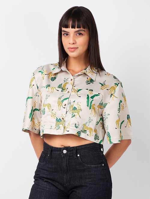 women beige printed collared crop shirt - 21840688 -  Standard Image - 0