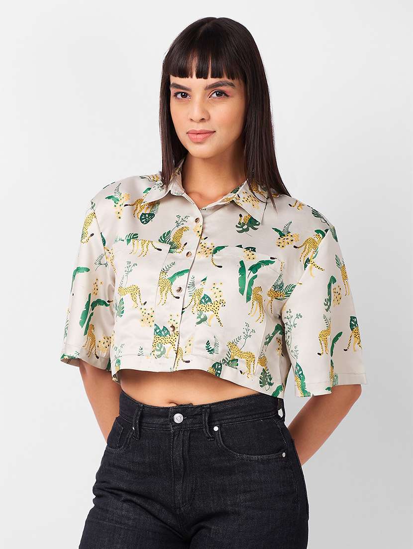 women beige printed collared crop shirt