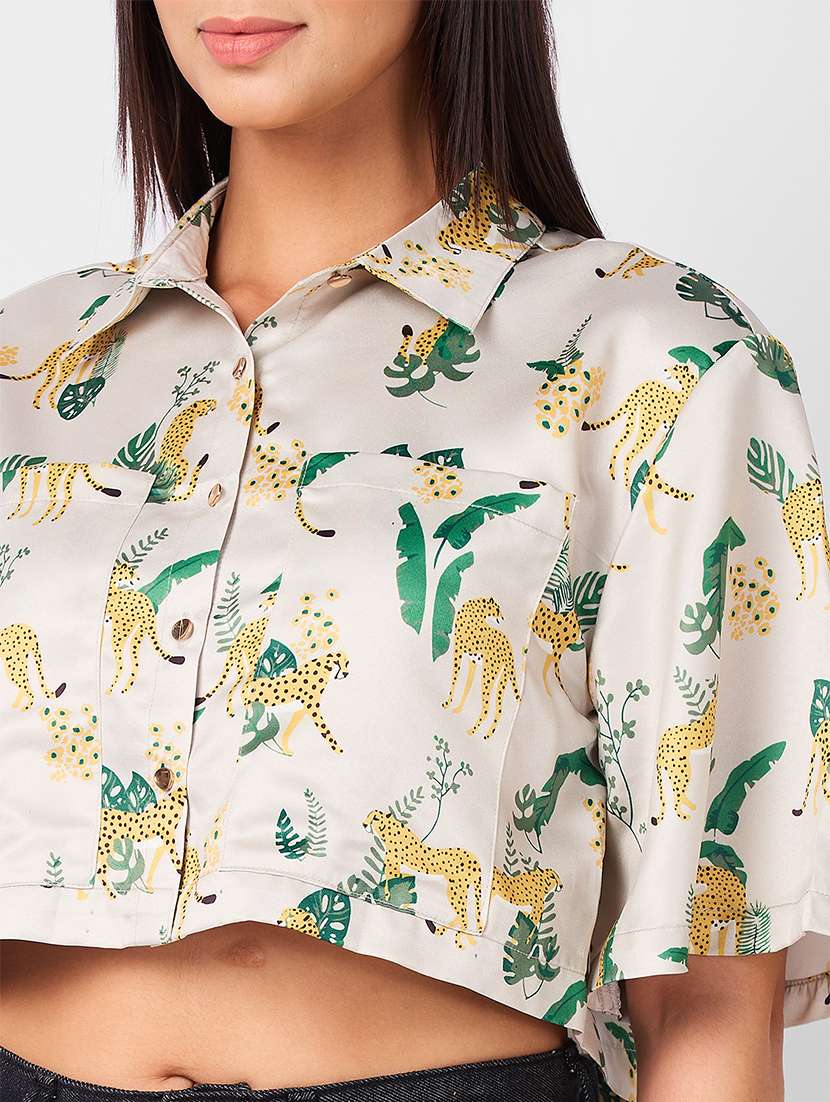 women beige printed collared crop shirt - 21840688 -  Standard Image - 3