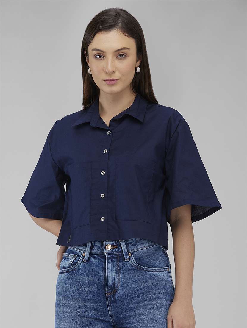 women navy blue solid collared crop shirt