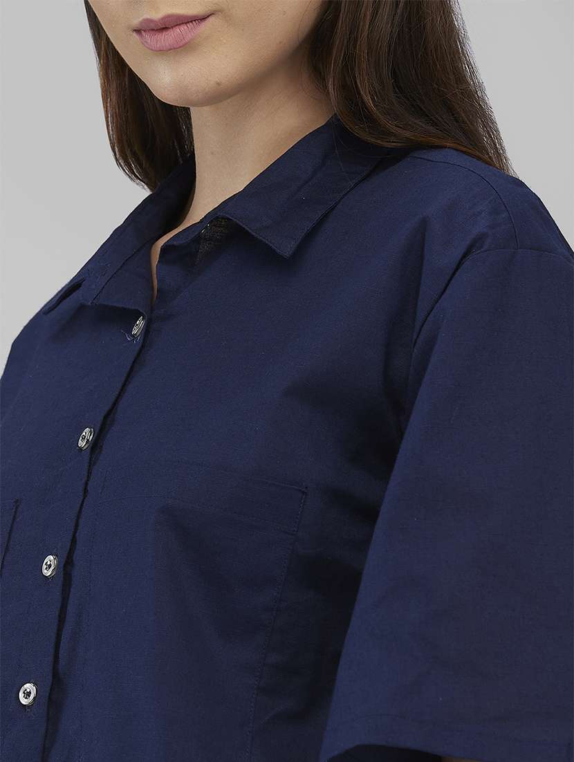 women navy blue solid collared crop shirt - 21840690 - Standard Image - 3
