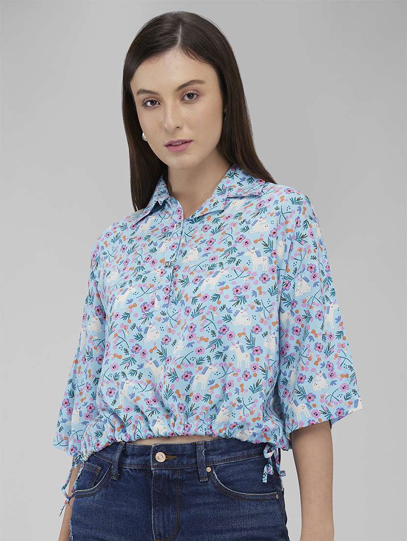 women floral printed collared crop shirt