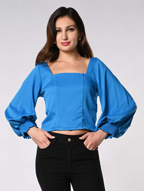 women solid puff sleeves crop top - 21840714 -  Standard Image - 0