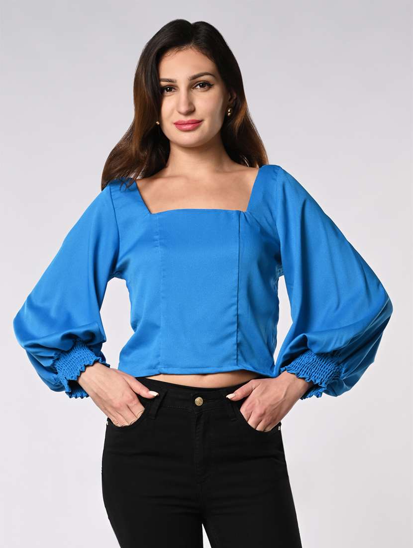 women solid puff sleeves crop top
