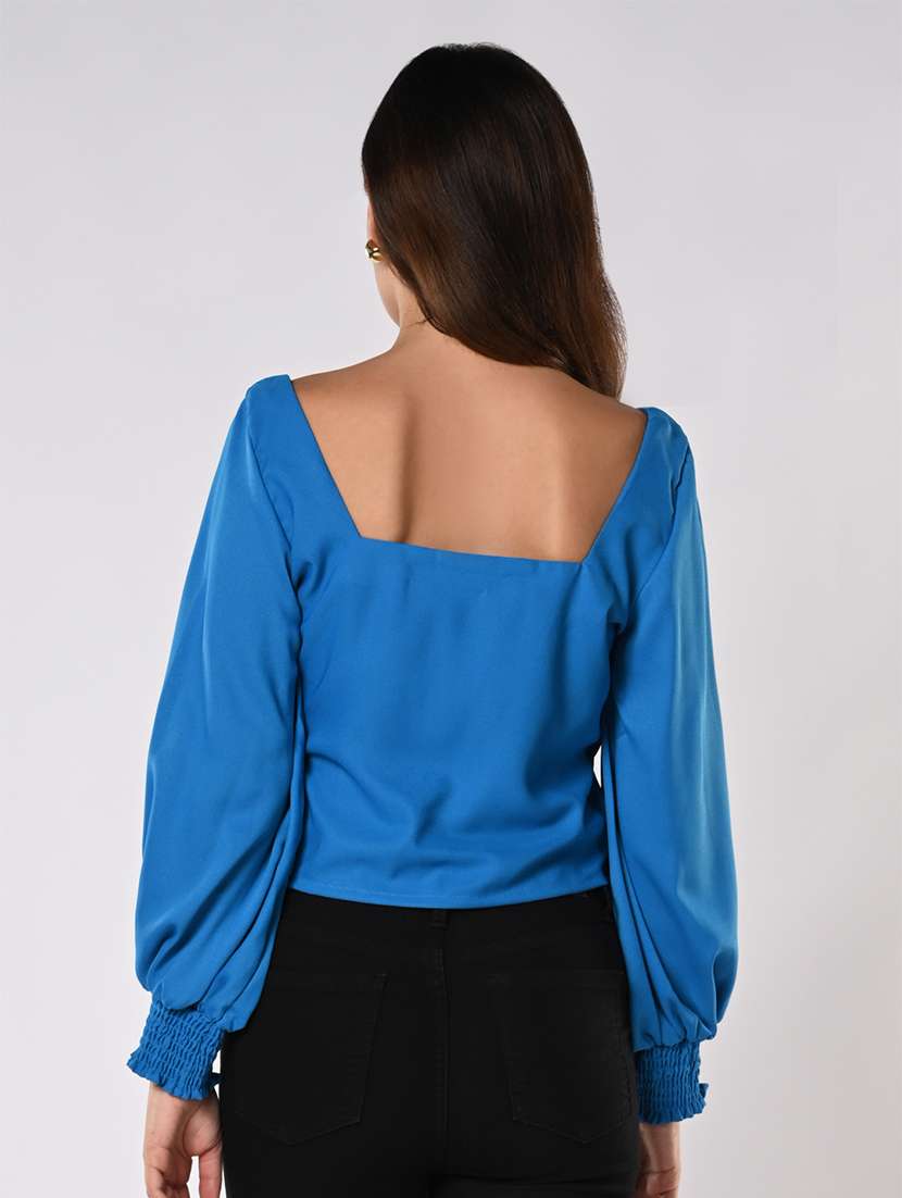 women solid puff sleeves crop top - 21840714 -  Standard Image - 3