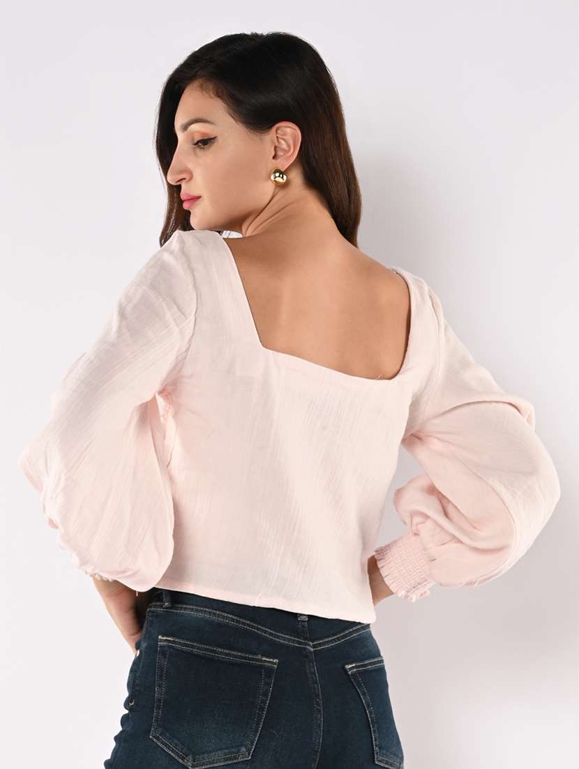 women solid puff sleeves crop shirt - 21840715 -  Standard Image - 3