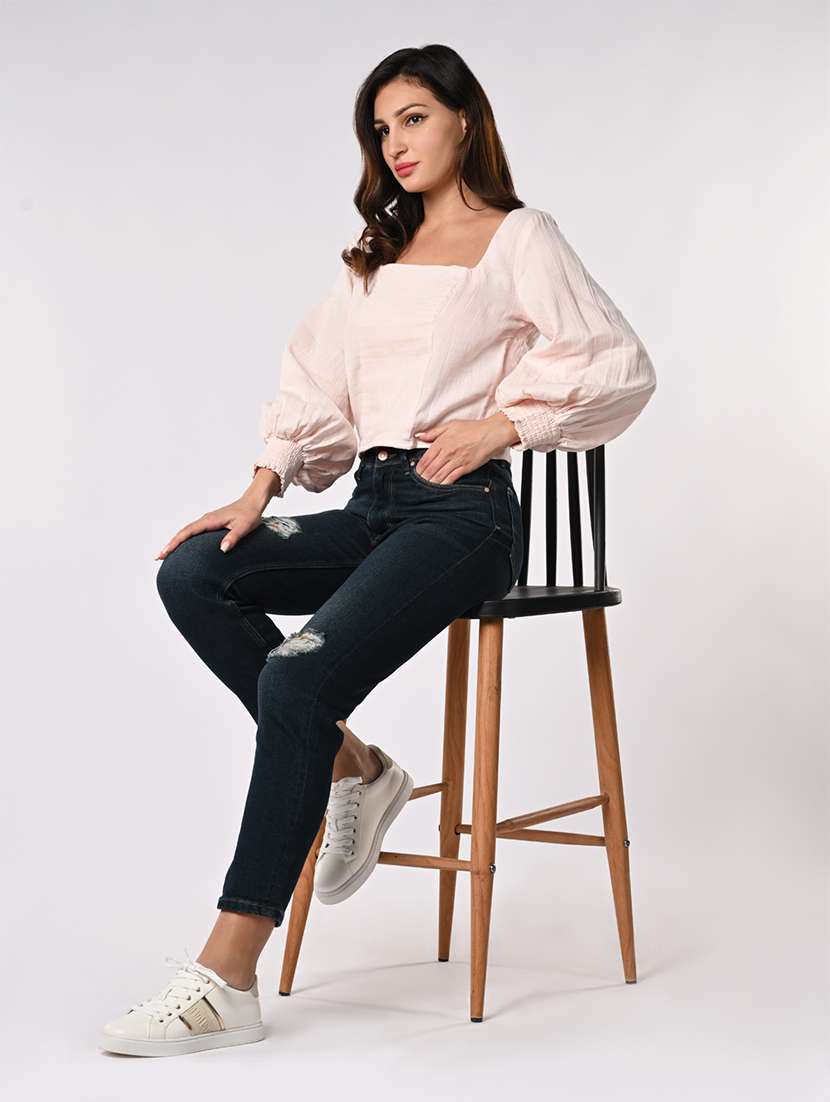 women solid puff sleeves crop shirt - 21840715 -  Standard Image - 5
