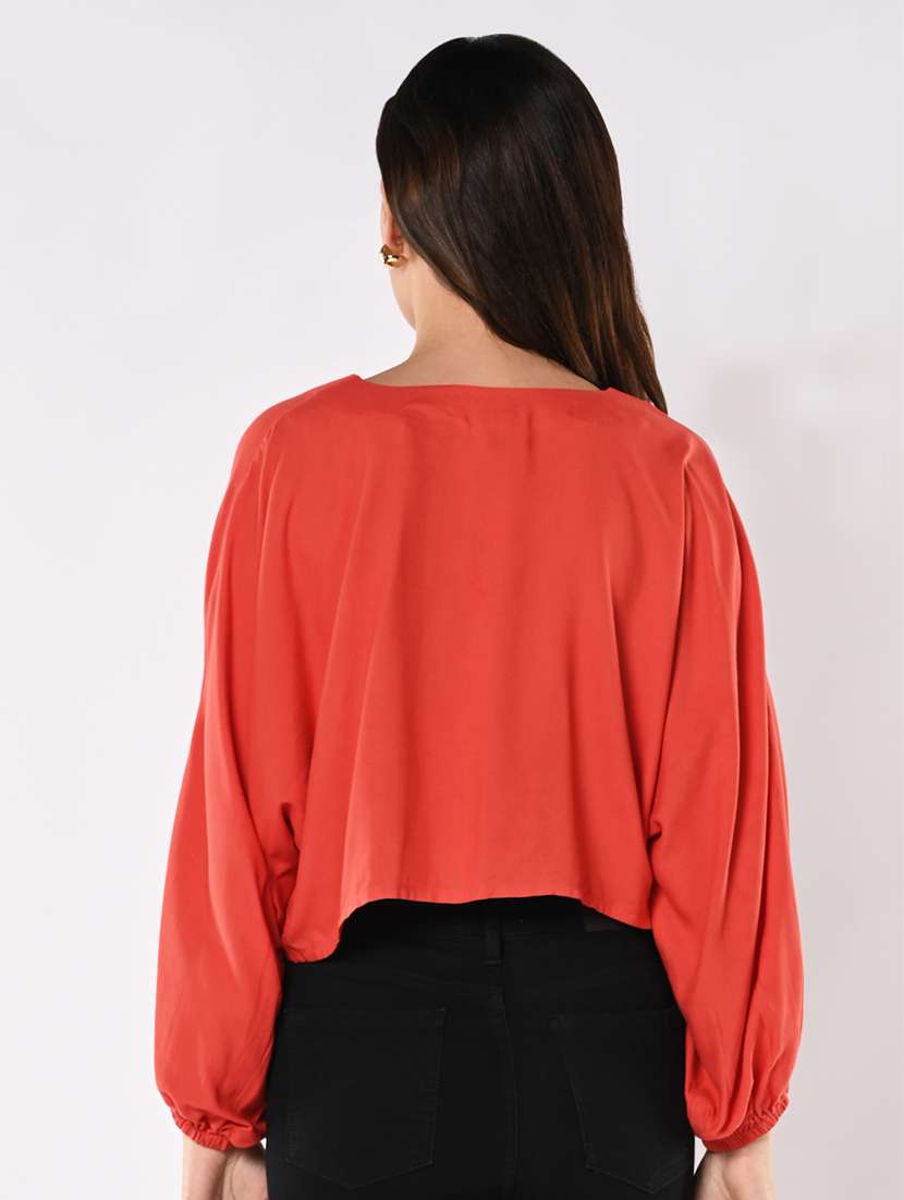 women solid puff sleeves ruched top - 21840716 - Standard Image - 3