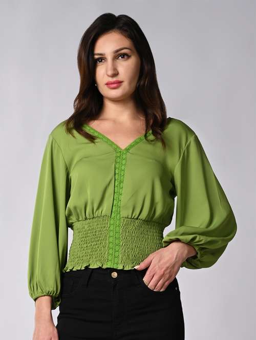 women solid puff sleeves blouson top - 21840726 -  Standard Image - 0