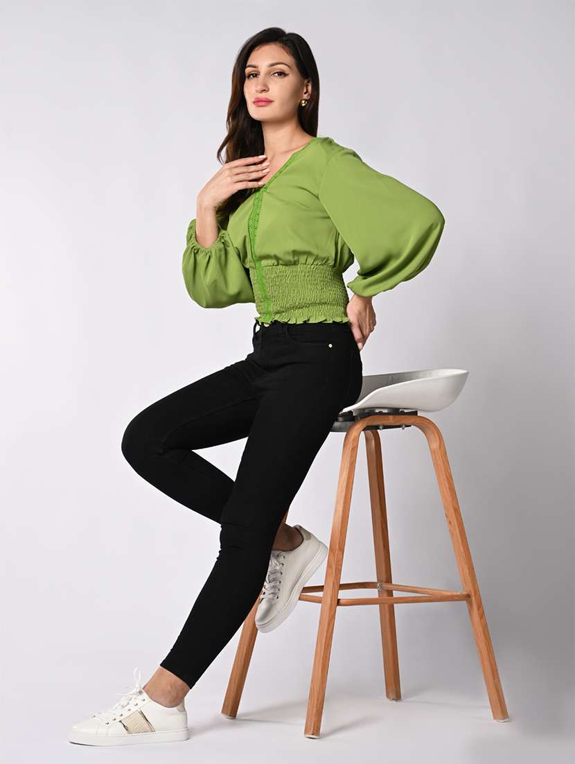 women solid puff sleeves blouson top - 21840726 -  Standard Image - 5