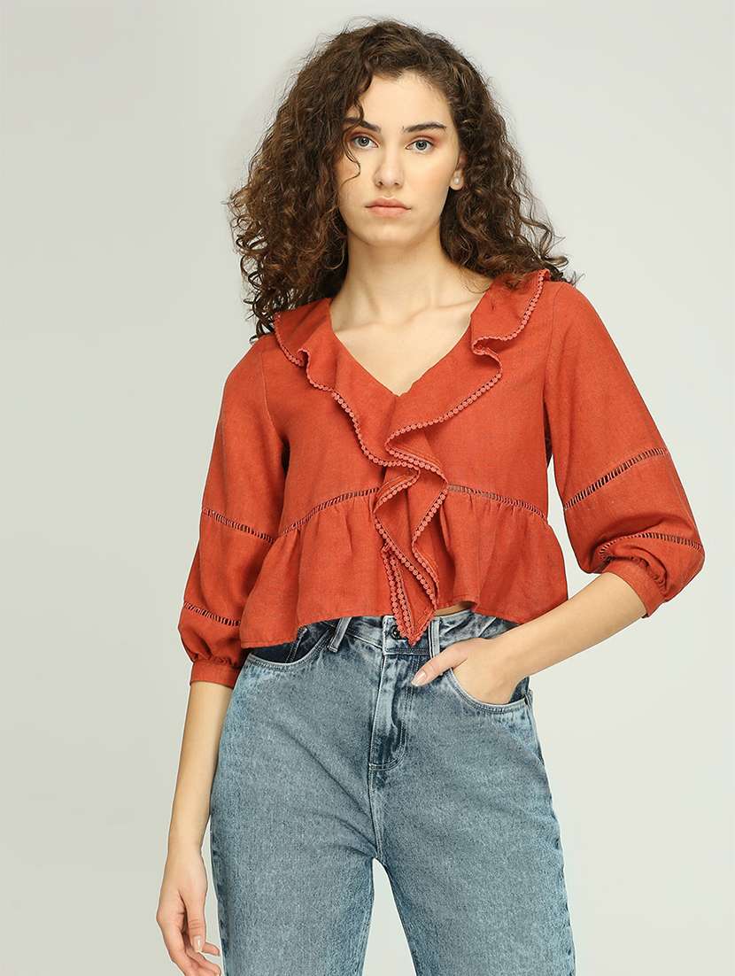 women solid ruffle detailed crop top