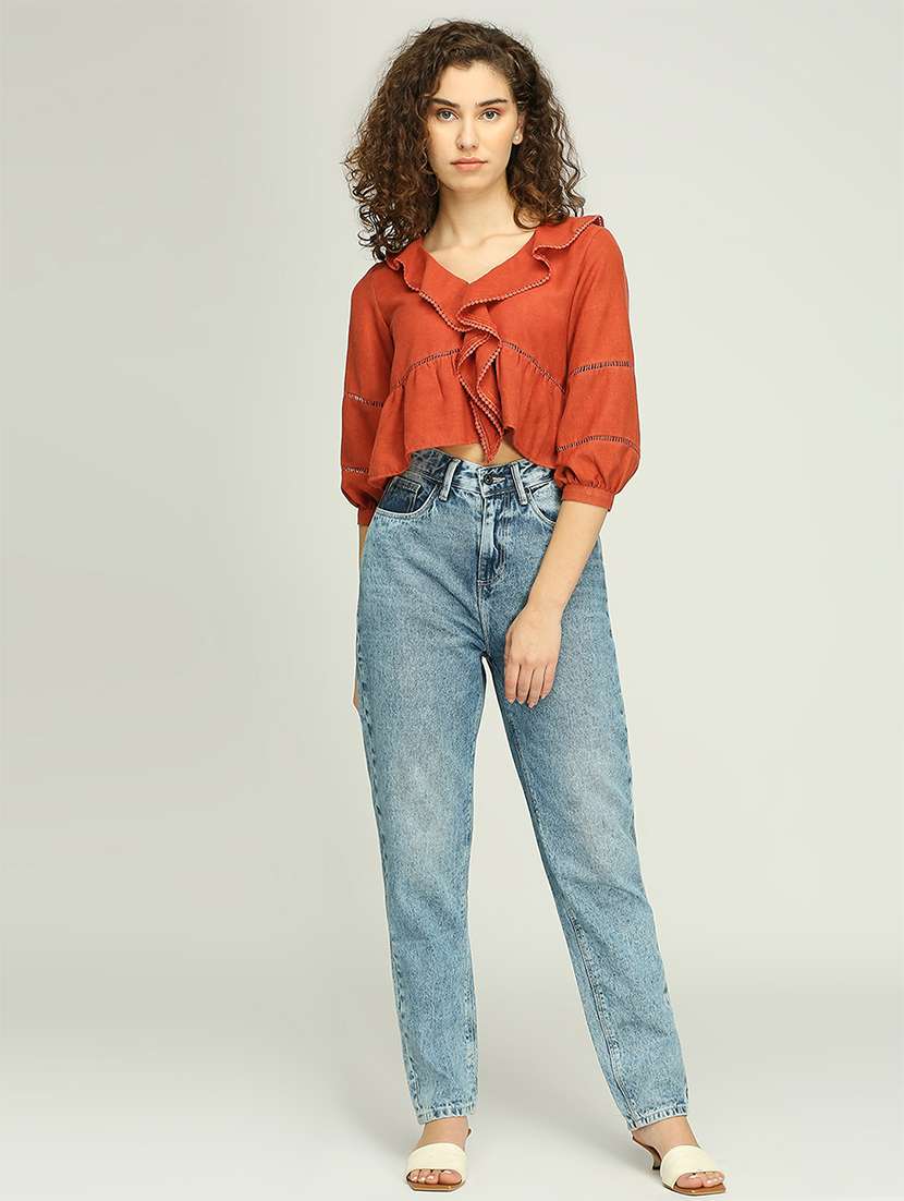 women solid ruffle detailed crop top - 21840766 -  Standard Image - 5