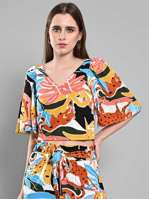 women printed puff sleeves crop top - 21840773 - Standard Image - 0