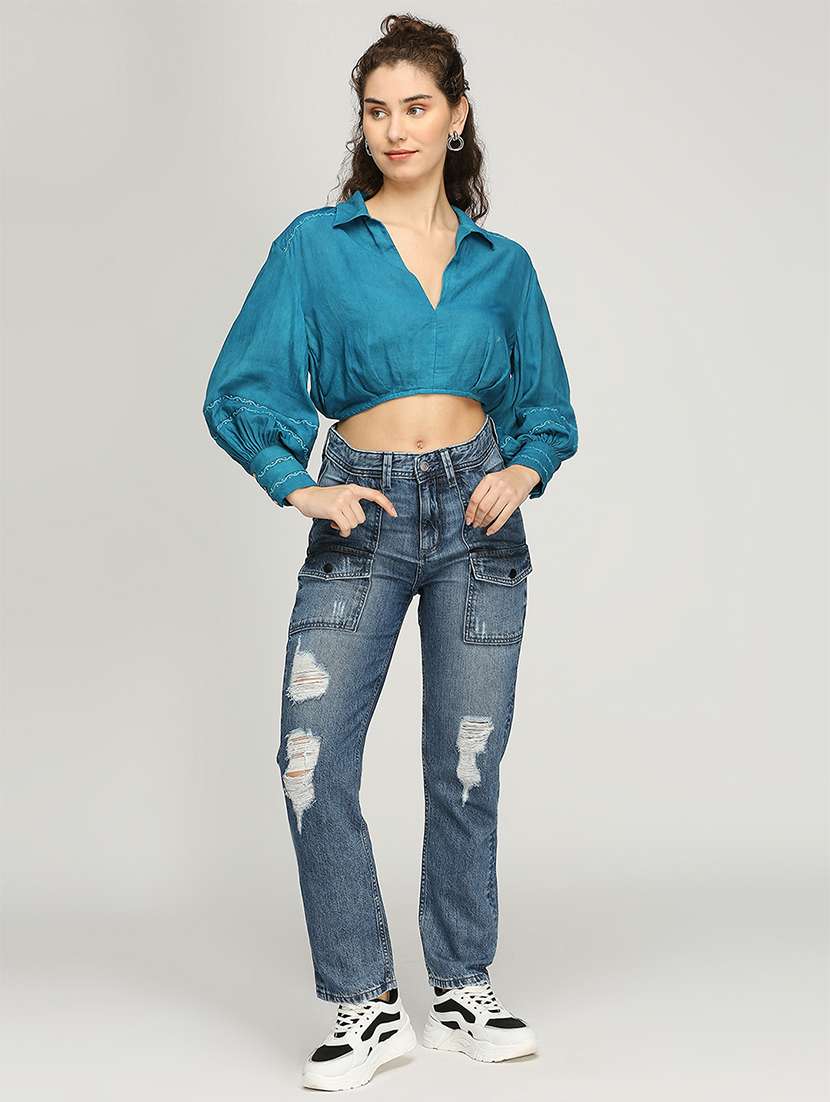 women solid collared crop blouson top - 21840776 -  Standard Image - 5