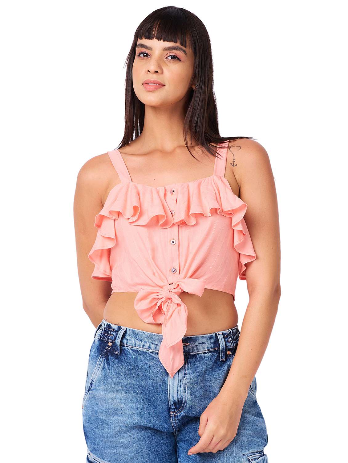 women solid shoulder strap crop top
