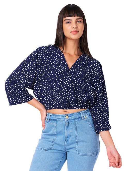 women printed overlap neck crop top - 21840785 - Standard Image - 0