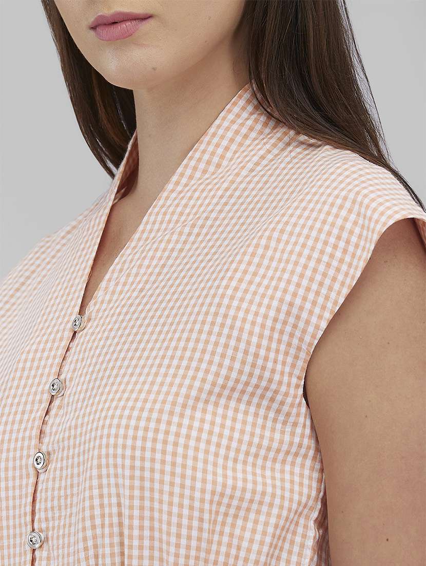 women checkered cap sleeves smocked hem top - 21840790 - Standard Image - 3