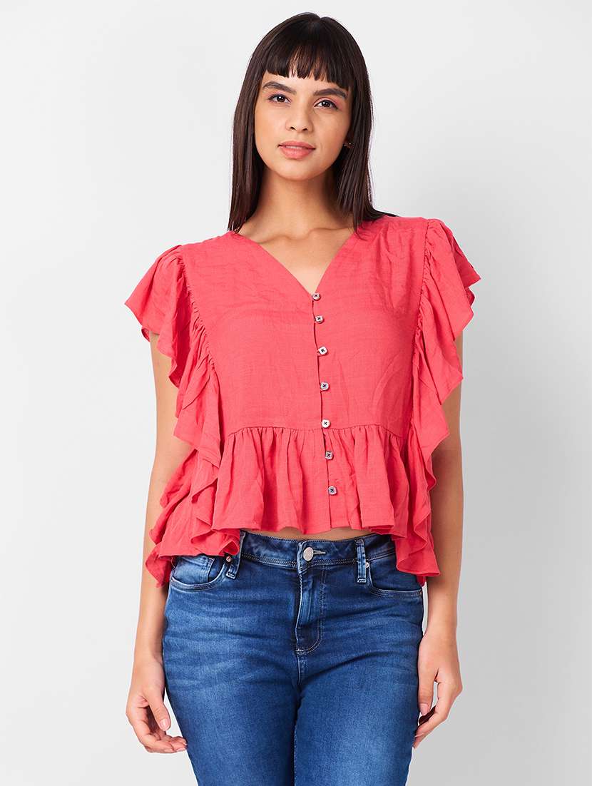 women solid ruffle sleeves peplum top