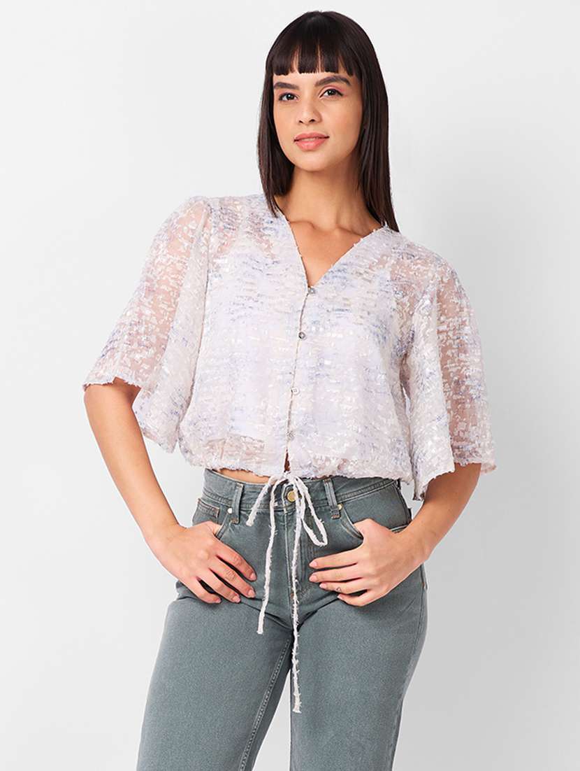 women self designed puff sleeves crop top with slip 