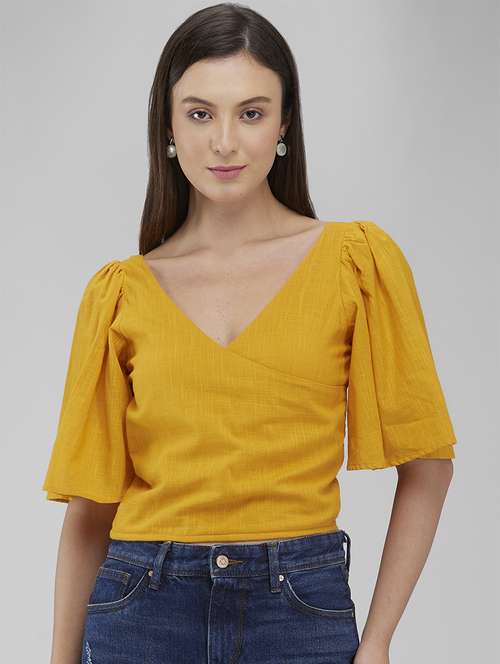 women solid puff sleeves crop top - 21840797 - Standard Image - 0