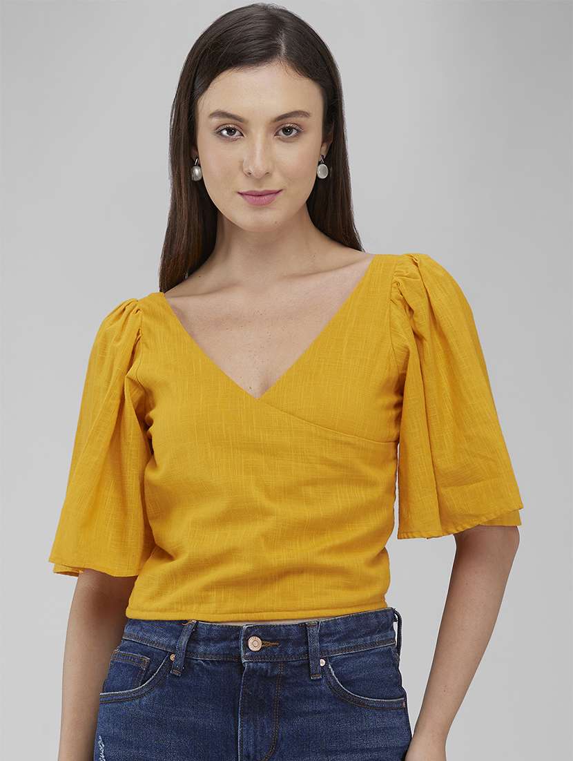 women solid puff sleeves crop top - 21840797 - Zoom Image - 0