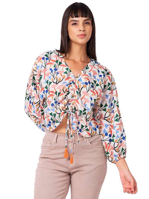 women printed puff sleeves ruched top - 21840804 -  Standard Image - 0