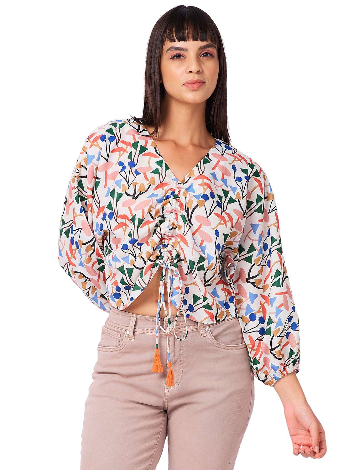 women printed puff sleeves ruched top