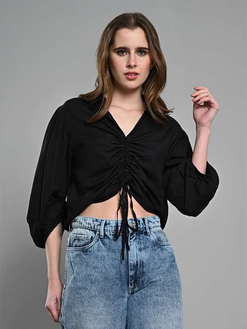 women solid puff sleeves ruched top - 21840806 -  Standard Image - 0