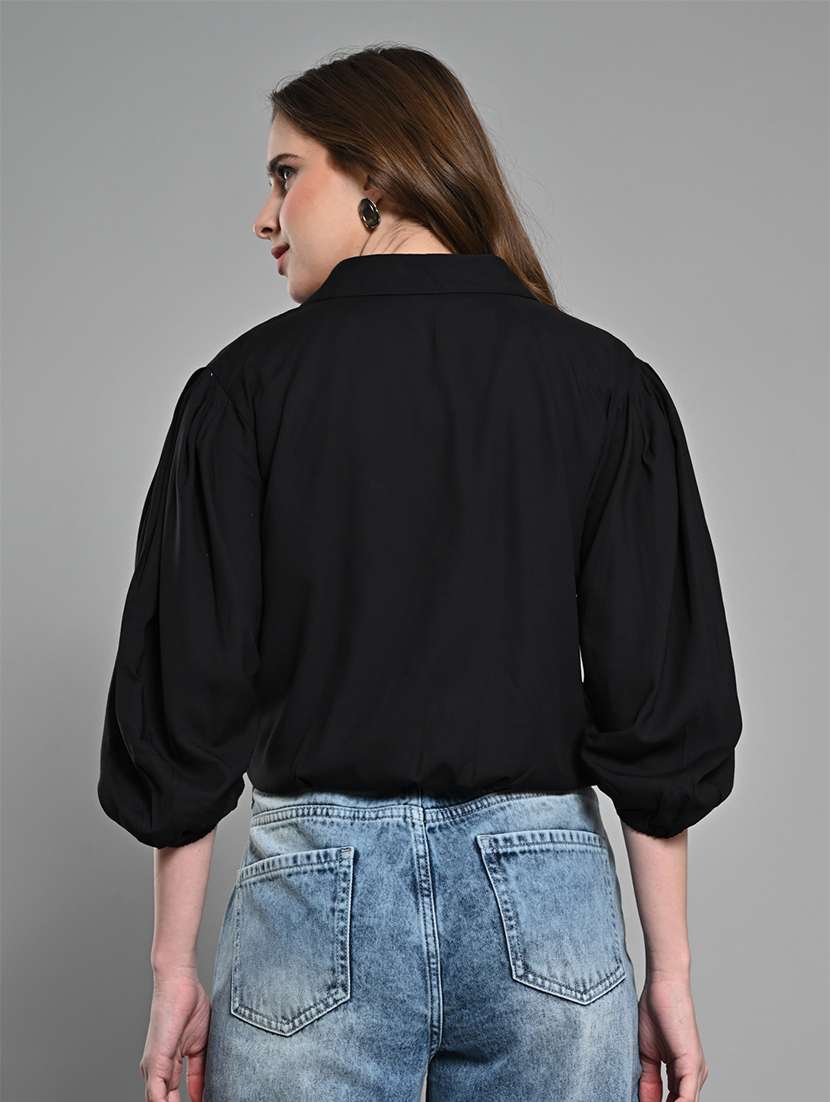 women solid puff sleeves ruched top - 21840806 -  Standard Image - 3