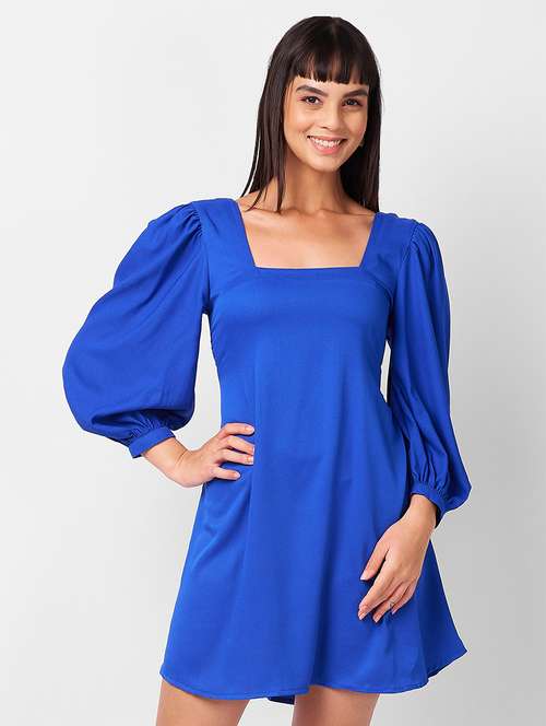 women solid puff sleeves a-line dress - 21840899 -  Standard Image - 0