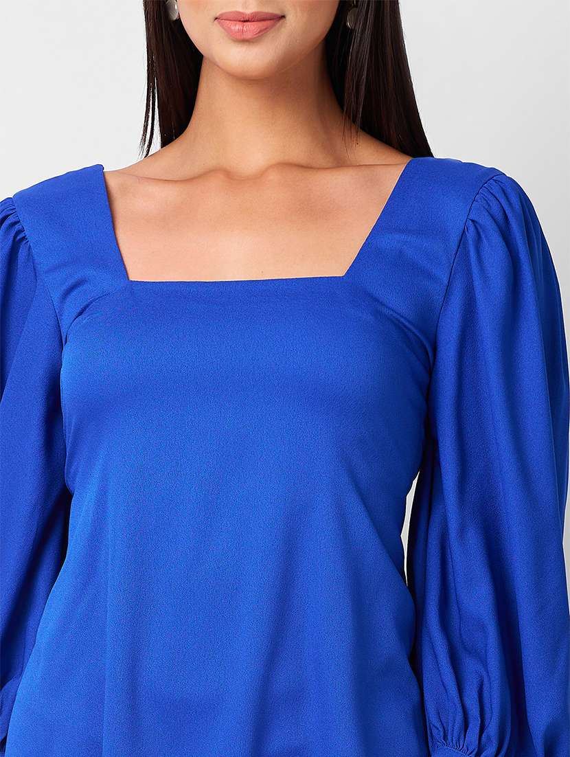 women solid puff sleeves a-line dress - 21840899 - Standard Image - 3