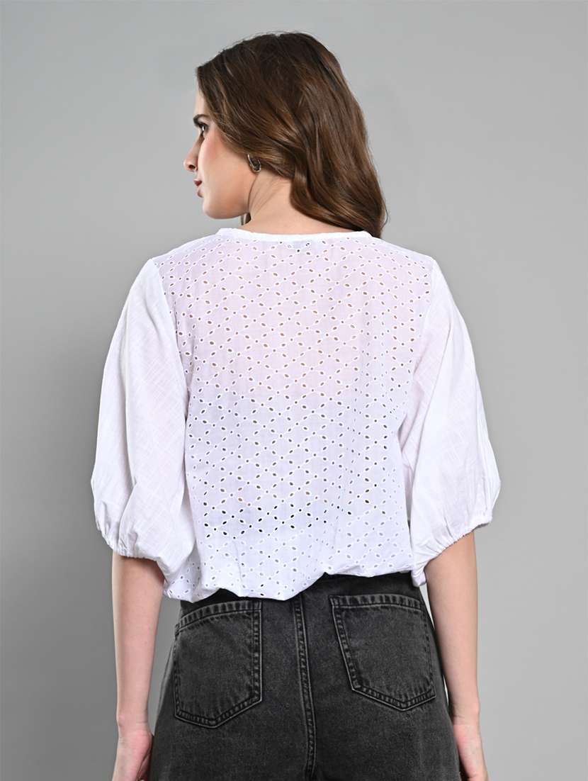 women puff sleeves schiffli regular top - 21840930 - Standard Image - 3