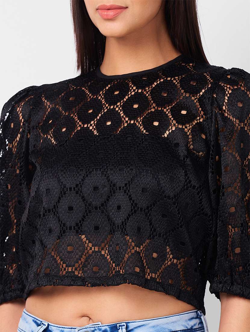 women laced puff sleeves crop top - 21840937 - Standard Image - 3