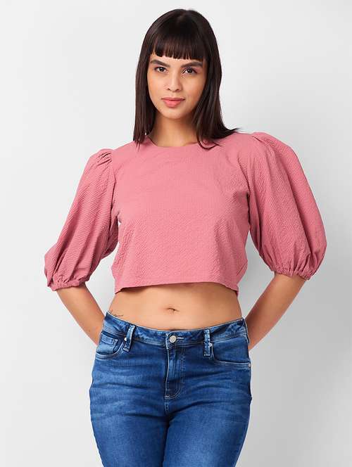 women solid puff sleeves crop top - 21840938 - Standard Image - 0