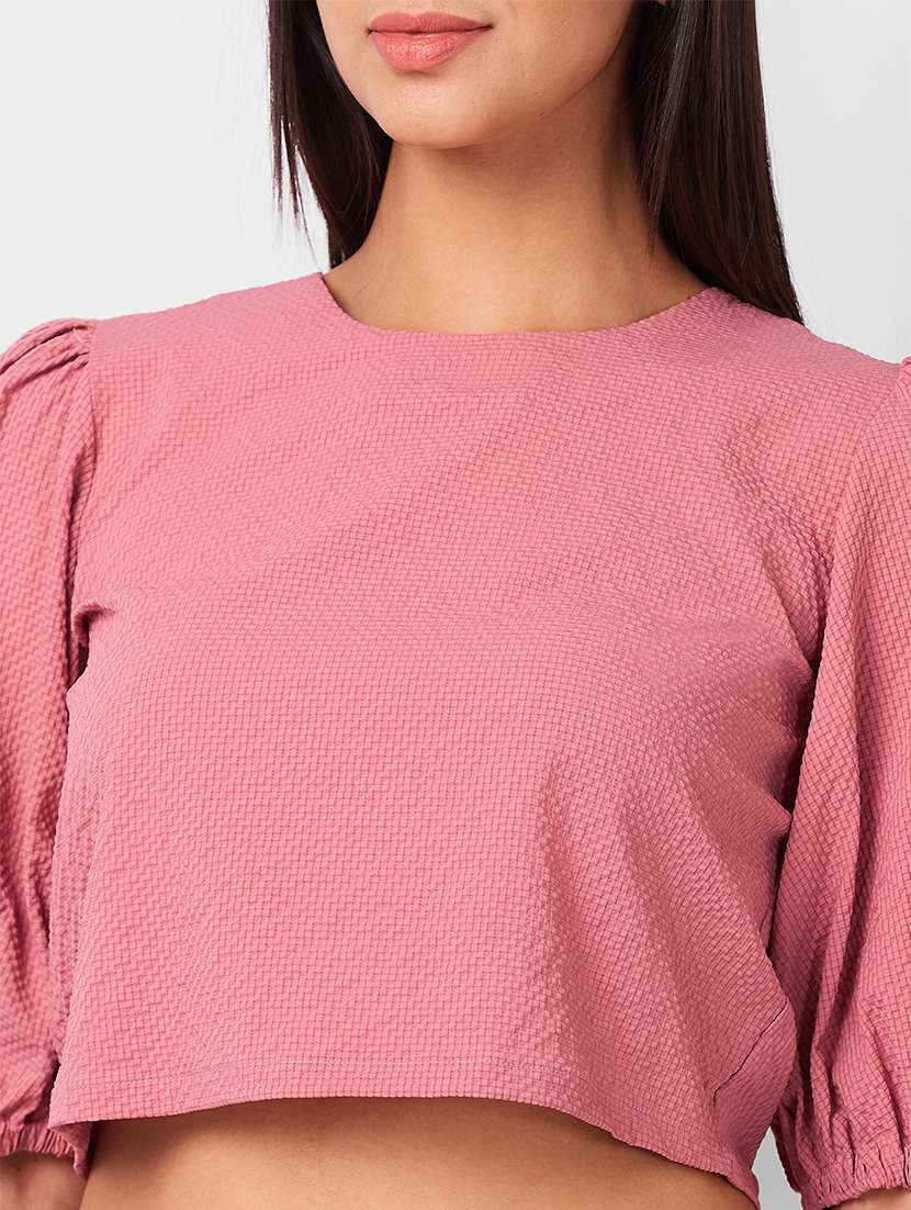 women solid puff sleeves crop top - 21840938 - Standard Image - 3