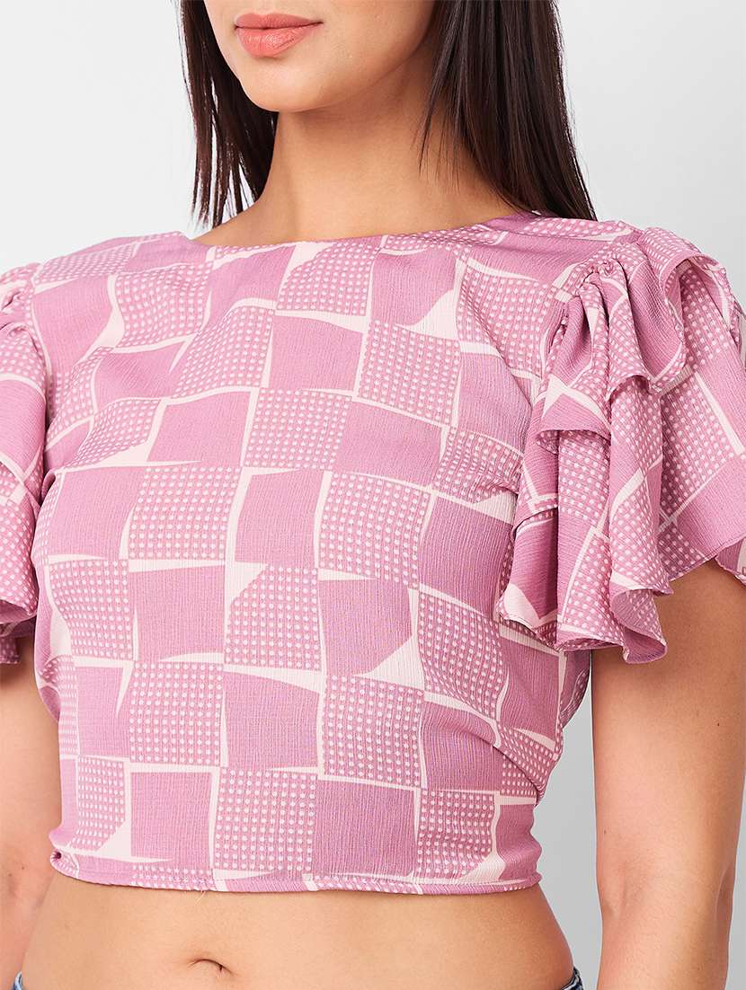 women ruffle sleeves printed crop backless top - 21840940 -  Standard Image - 3
