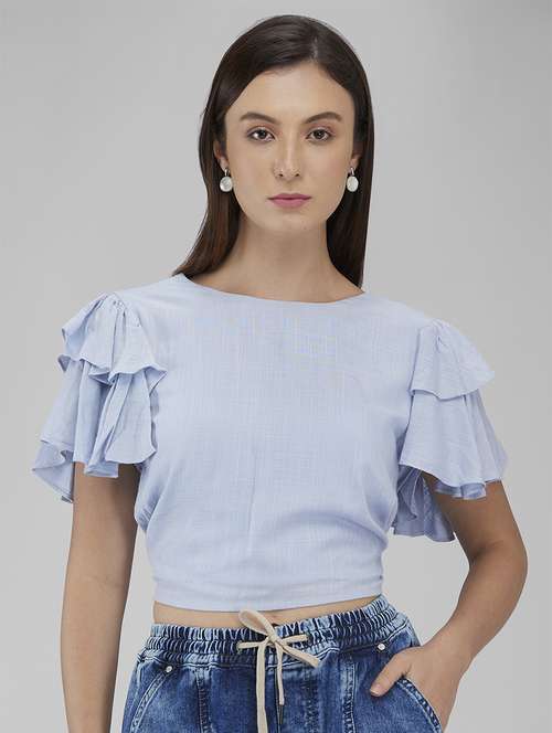 women solid ruffle sleeves crop backless top - 21840941 -  Standard Image - 0